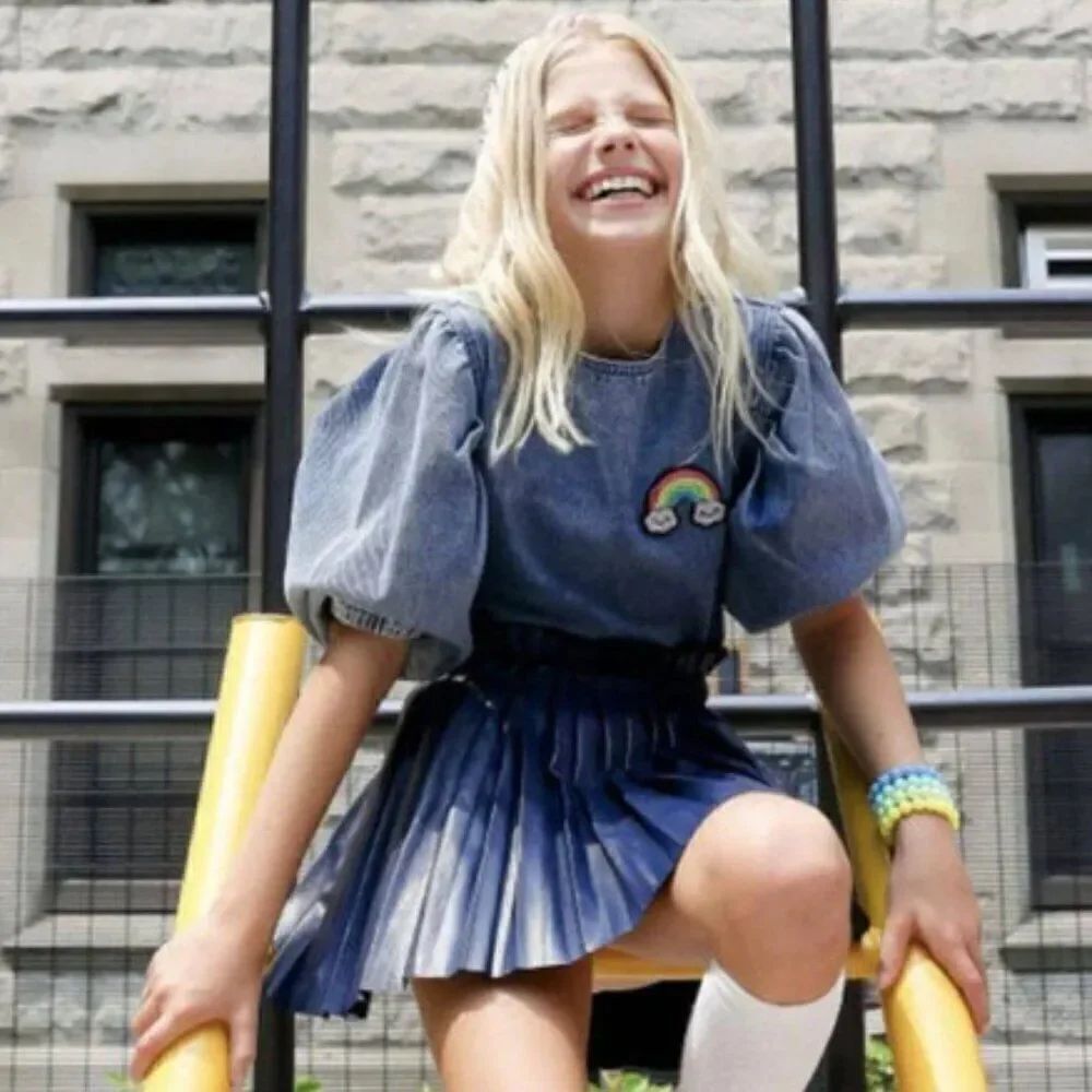 Lola + The Boys Rainbow Denim Puff Sleeve Shirt Size 10